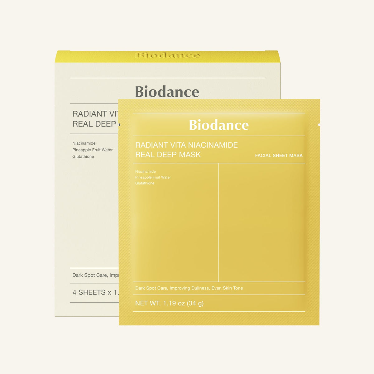 Biodance Radiant Vita Niacinamide · Pack de 4 - caja y sobre de mascarilla facial