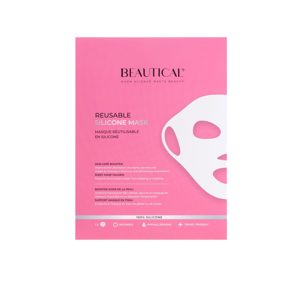 Mascarilla facial reutilizable de silicona Beautical y su envase