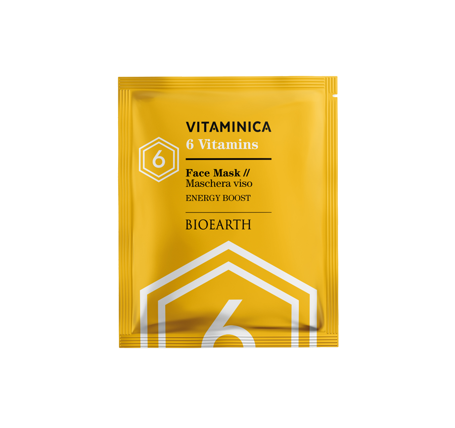 Sobre amarillo de la mascarilla facial Bioearth Vitaminica 6 Vitaminas de 15 ml
