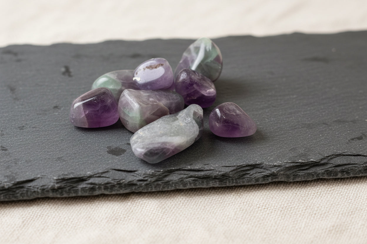 Fluorita natural pulida con tonos translúcidos y acabado suave