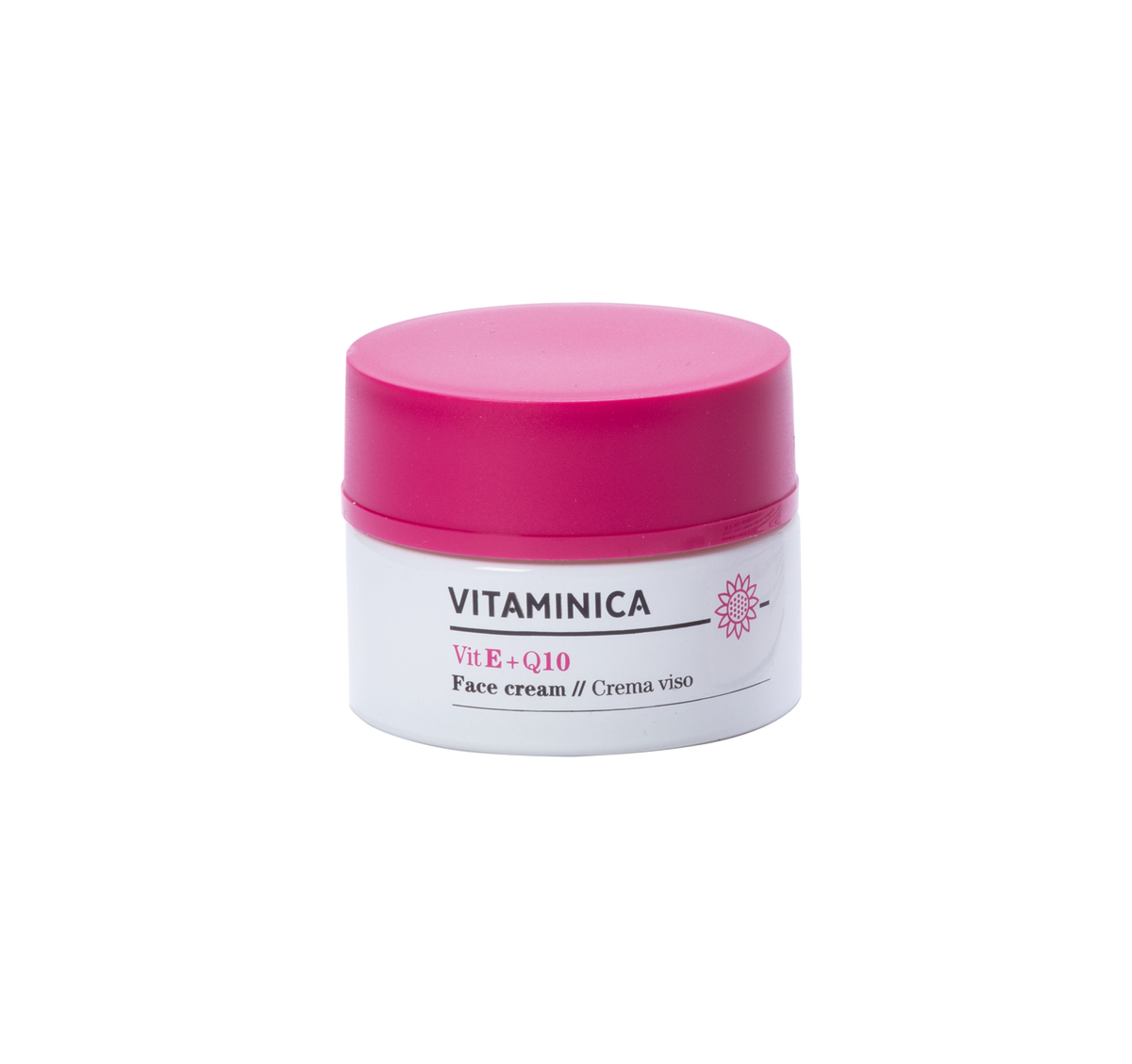 Tarro con tapa rosa de la crema Bioearth Vitaminica de vitamina E y Q10 de 50 ml