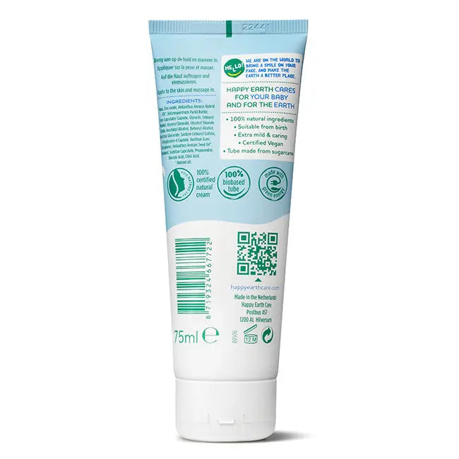 Reverso del tubo de crema de pañal Happy Earth sin perfume de 75 ml