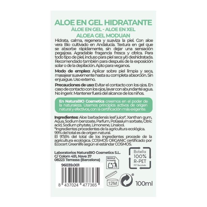 Etiqueta posterior con ingredientes y modo de uso de NaturaBIO Gel hidratante de aloe vera 100 ml