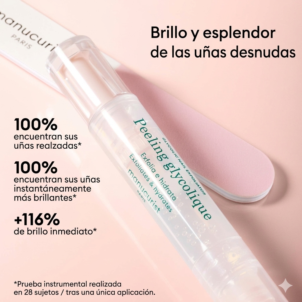 El Peeling Glicólico de Manucurist realza el brillo natural de las uñas desnudas.