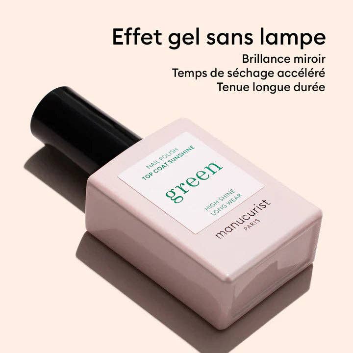 Infografía del Top Coat Sunshine de Manucurist explicando su tecnología de secado rápido y protección del color.