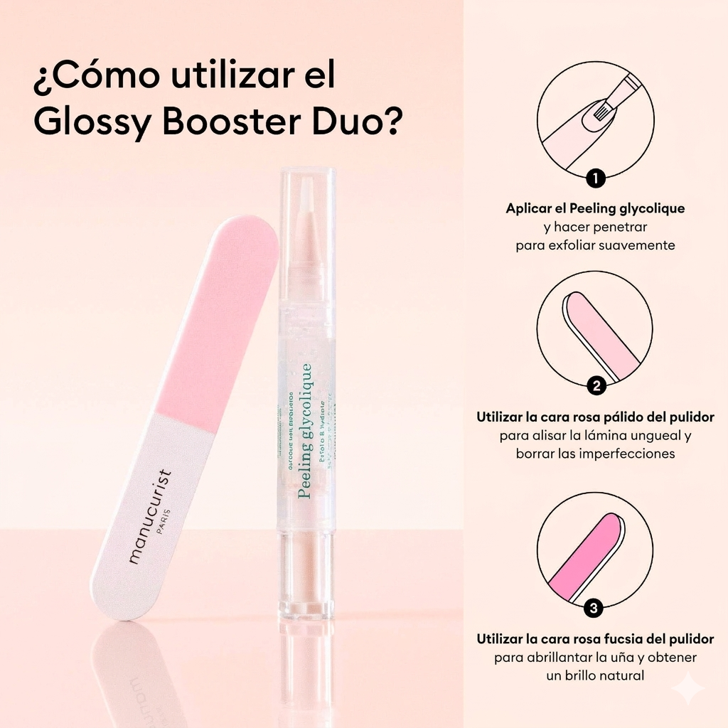 Guía de pasos para usar el Glossy Booster Duo: exfoliar, alisar y abrillantar la uña.