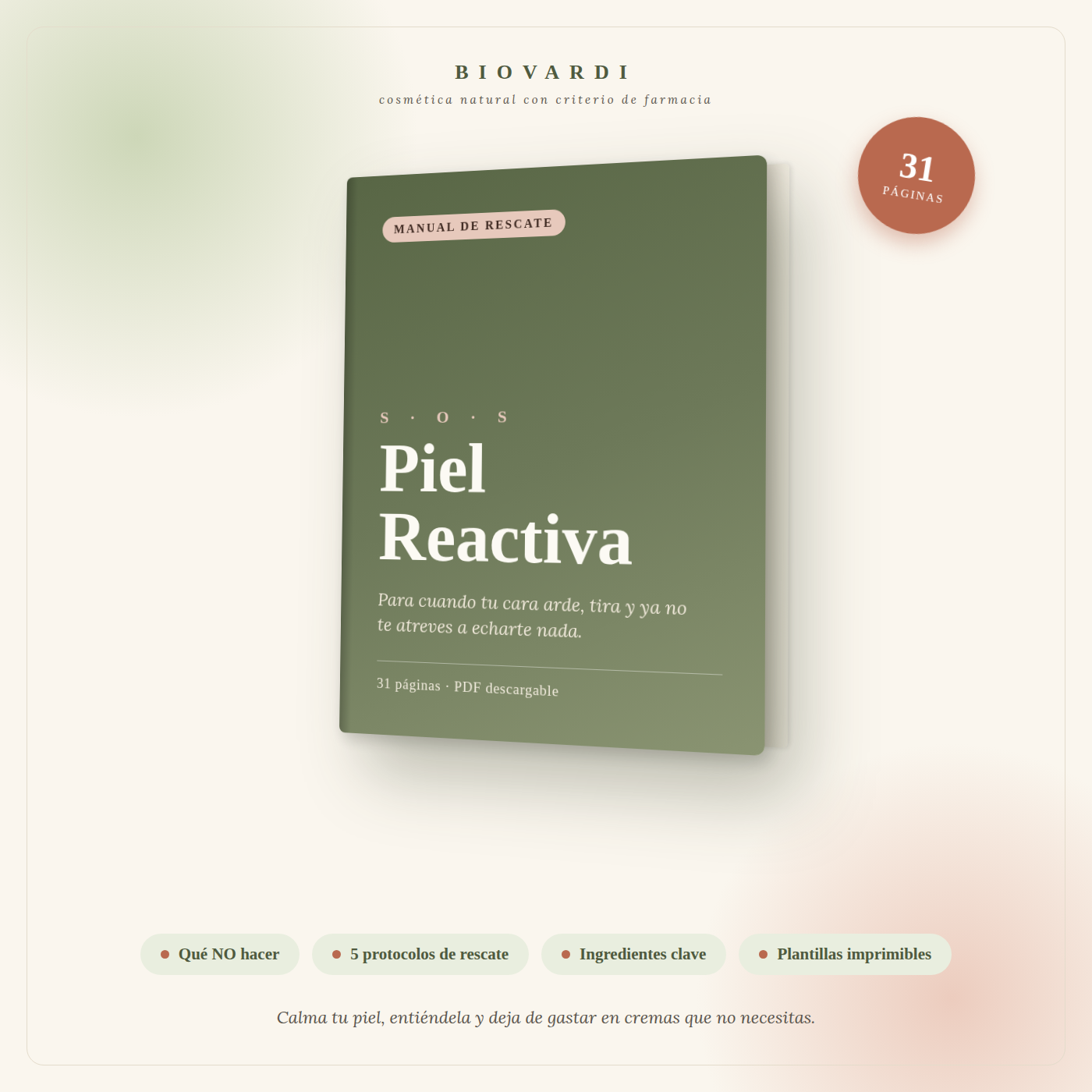 Portada del manual SOS Piel Reactiva de Biovardi, guía en PDF para calmar y reparar la barrera cutánea dañada