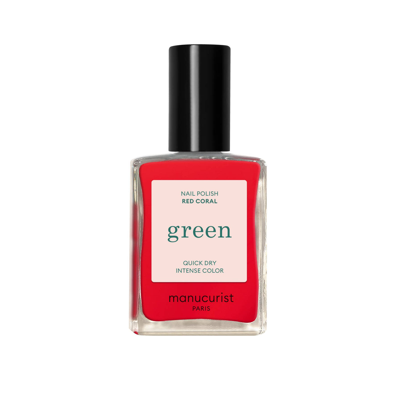 Frasco de esmalte de uñas Manucurist Green color Rojo Coral, un tono vibrante y veraniego en Biovardi.