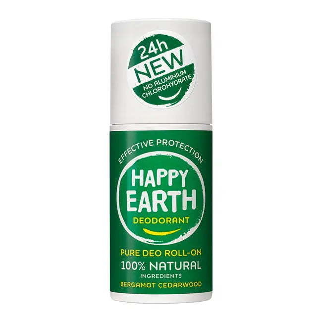 Envase de Happy Earth Desodorante roll-on con alumbre 75 ml — Bergamot Cedarwood