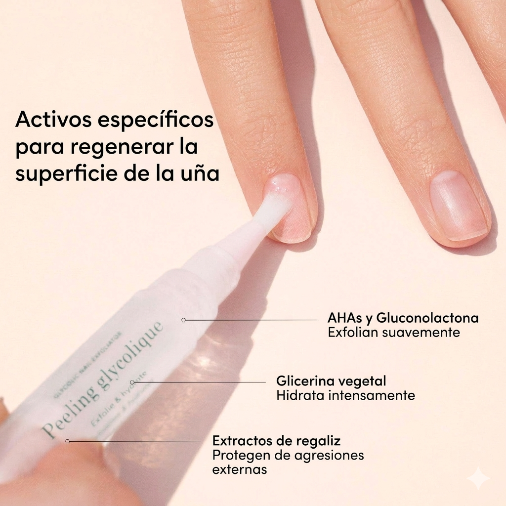 Infografía de activos: AHAs, glicerina y regaliz para regenerar la superficie de la uña.
