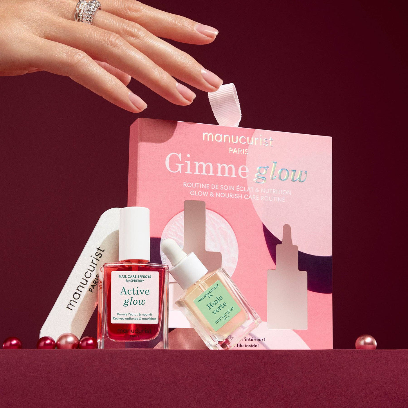 Kit Gimme Glow de Manucurist en Biovardi, set de cuidado con Active Glow, Huile Verte y lima de uñas.