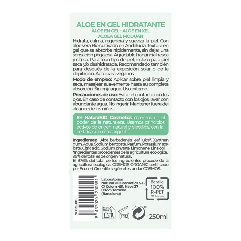 Etiqueta posterior con ingredientes y modo de uso de NaturaBIO Gel hidratante de aloe vera 250 ml