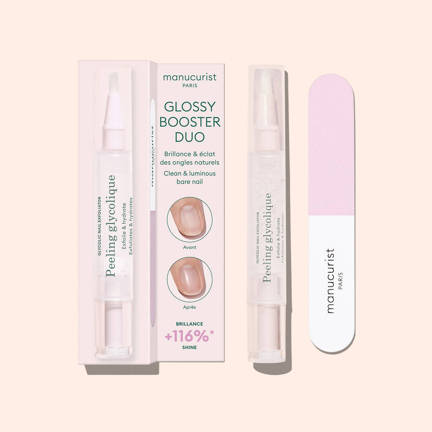 Kit Glossy Booster Duo de Manucurist con peeling glicólico y pulidor de uñas en Biovardi.