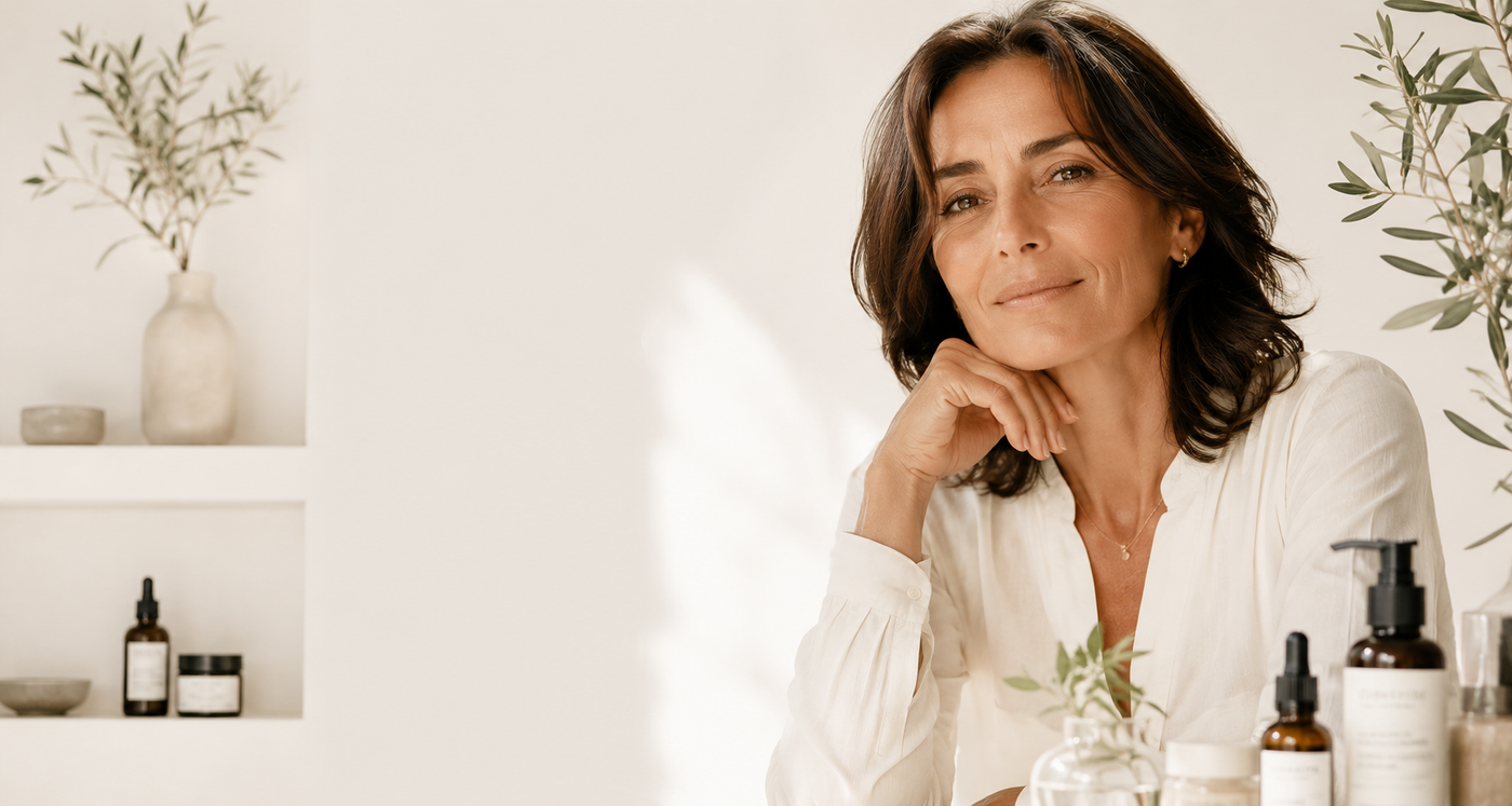 Mujer con productos de cosmética natural Biovardi - Farmacia y belleza consciente en Marbella