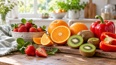 Naranjas, kiwi y pimiento rojo como ejemplos de alimentos con vitamina C; ilustración editorial creada con IA.