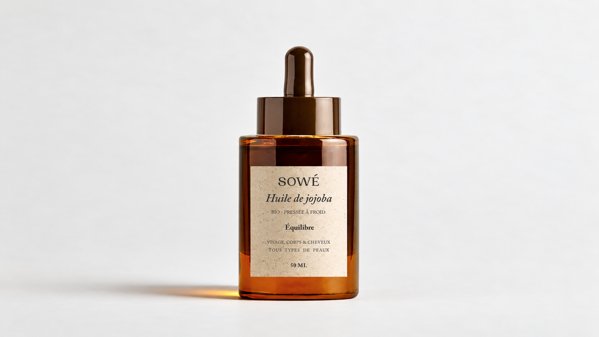 Composición editorial a partir de la fotografía de catálogo del aceite de jojoba Sowé de 50 ml.