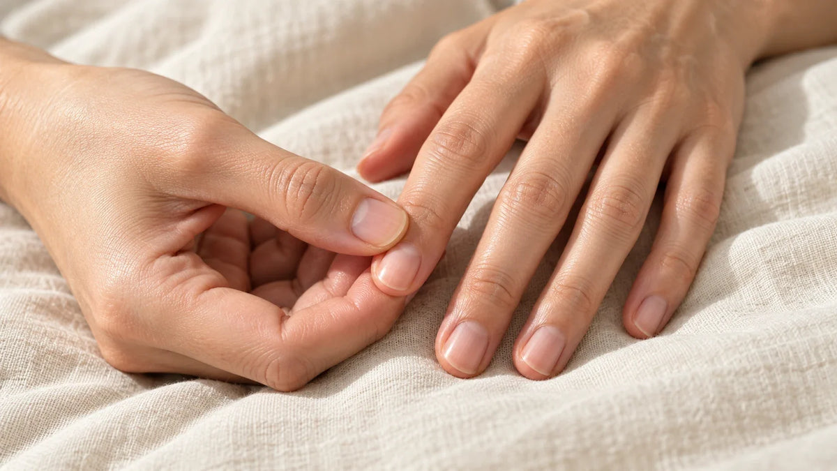 Un pulgar masajea suavemente el contorno de una uña natural sobre una tela clara.
