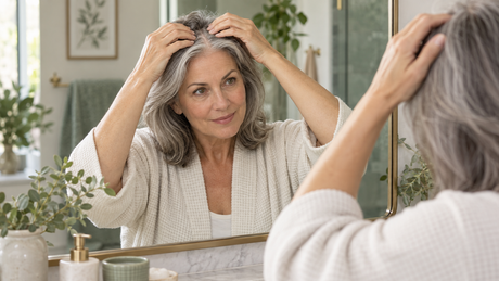 Mujer con cabello canoso observando la raya del pelo frente al espejo; ilustración editorial creada con IA.