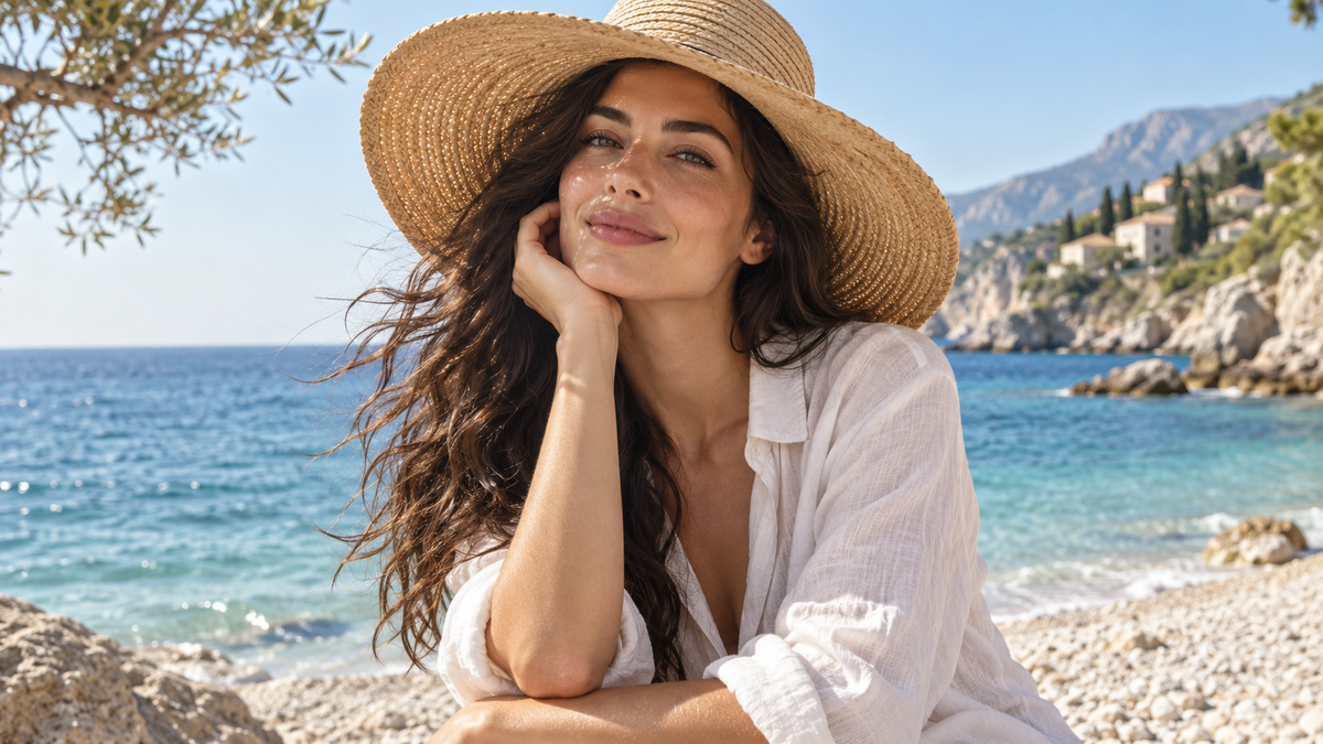 Mujer con cabello ondulado y sombrero de ala ancha en la playa; ilustración editorial creada con IA.