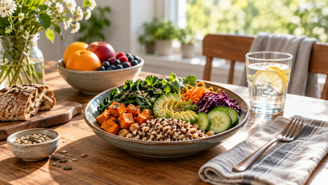Alimentos variados en una mesa, con verduras, fruta y legumbres; ilustración editorial creada con IA.