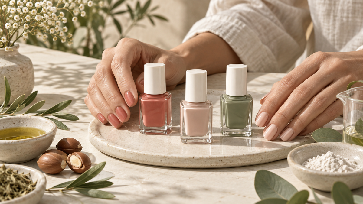 Manos con manicura en tonos coral y nude junto a tres frascos de esmalte sin marca; ilustración editorial creada con IA.