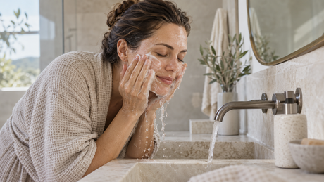 Mujer lavándose la cara suavemente con agua y espuma en el lavabo; ilustración editorial creada con IA.