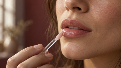 Primer plano de una mujer aplicando brillo rosado en los labios; ilustración editorial creada con IA.