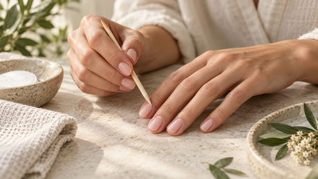 Manicura de uñas cortas en rosa suave junto a un palito de madera y algodón; ilustración editorial creada con IA.