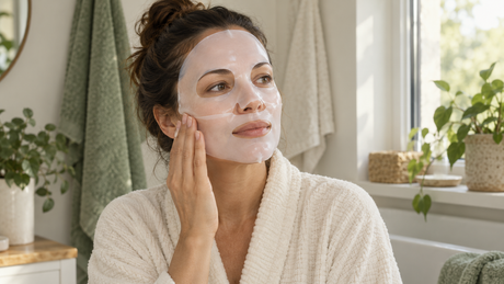 Ilustración con IA de una mujer ajustándose una mascarilla facial de hidrogel junto a una ventana
