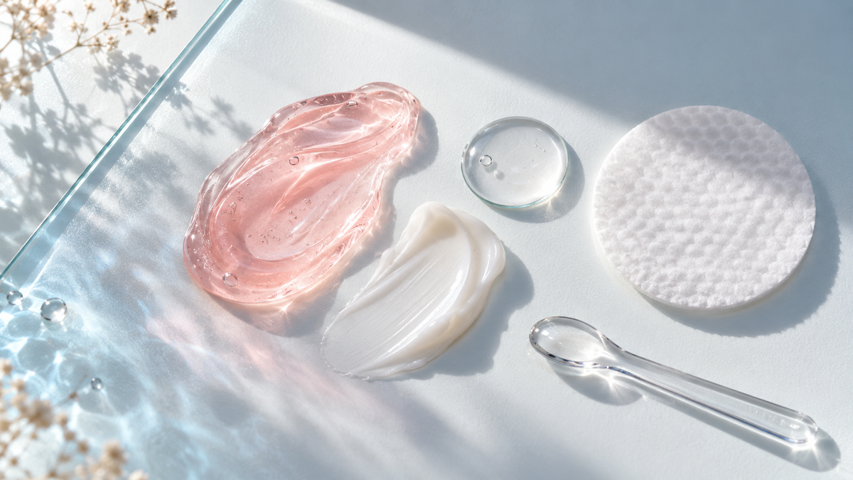 Composición cenital de texturas de gel rosa, crema y sérum con un disco cosmético; ilustración creada con IA para una guía de Medicube.