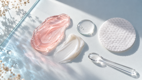 Composición cenital de texturas de gel rosa, crema y sérum con un disco cosmético; ilustración creada con IA para una guía de Medicube.