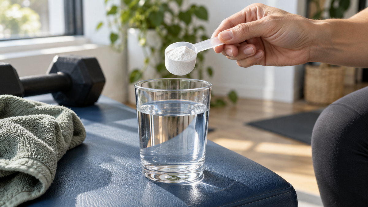 Mano con un dosificador de polvo junto a un vaso de agua y material de entrenamiento; ilustración editorial creada con IA.