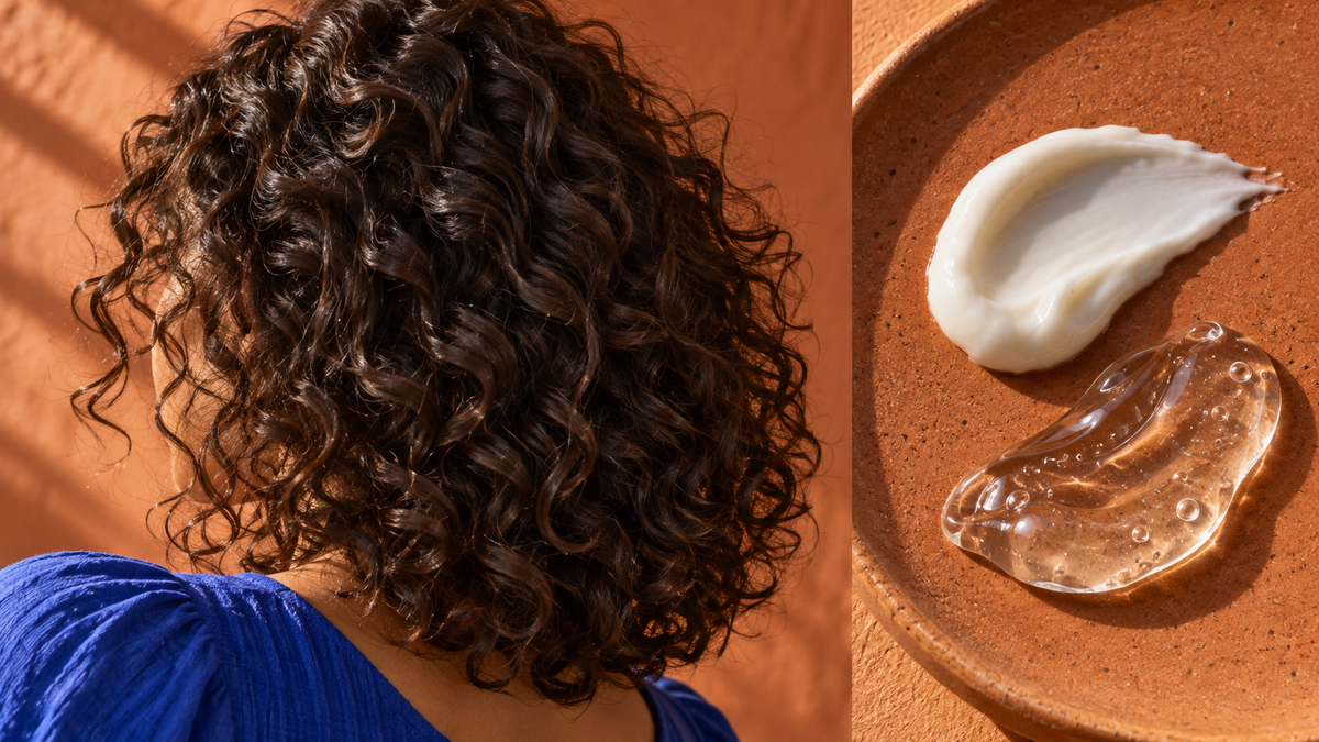 Melena de rizos castaños junto a texturas de crema blanca y gel transparente; composición editorial creada con IA.