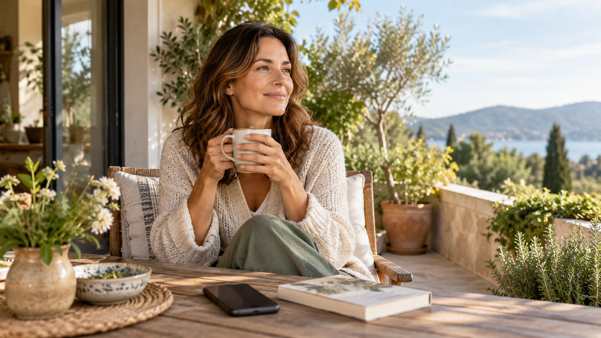 Mujer descansando con una taza en una terraza, junto a un libro y un teléfono apartado; ilustración editorial creada con IA.