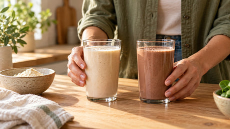 Manos junto a dos batidos, uno claro y otro de cacao, para ilustrar la elección de proteína; imagen editorial creada con IA.