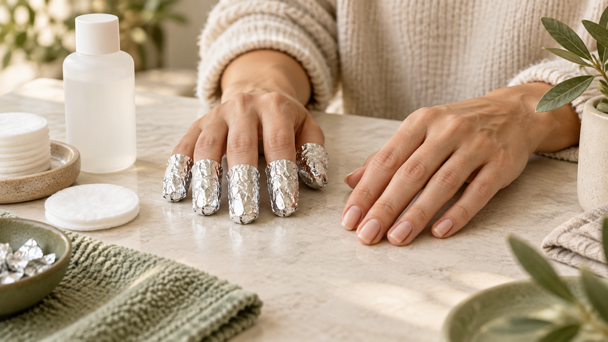Manos durante la retirada de esmalte, con envolturas de aluminio en las uñas y discos de algodón; ilustración editorial creada con IA.