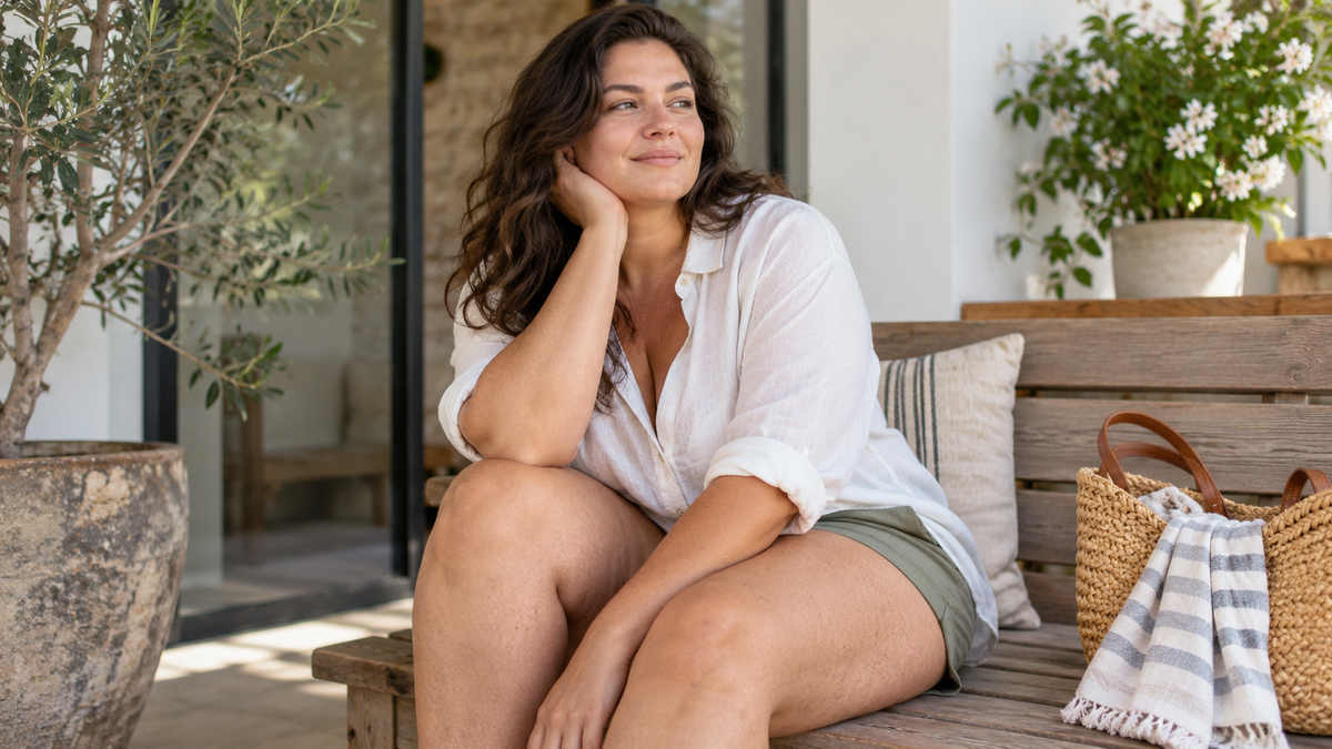 Mujer sentada con pantalón corto y textura natural de la piel visible en los muslos; ilustración editorial creada con IA.
