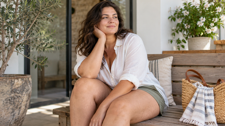 Mujer sentada con pantalón corto y textura natural de la piel visible en los muslos; ilustración editorial creada con IA.