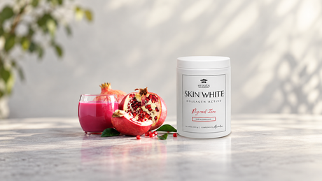 Envase de Skin White Collagen Active junto a una granada y un vaso; ilustración editorial creada con IA.