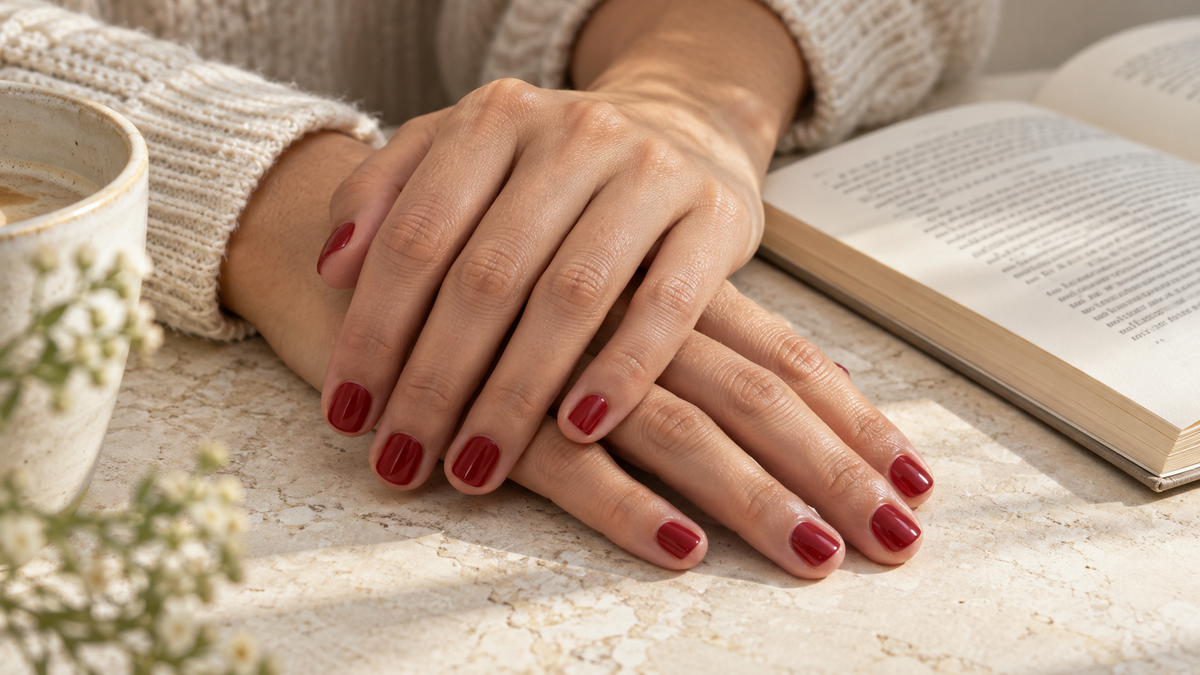 Manos con uñas cortas y esmalte rojo junto a un libro abierto; ilustración editorial creada con IA.