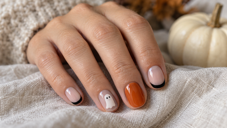 Uñas cortas con francesa negra, fantasma blanco y esmalte naranja; portada ilustrativa creada con IA.