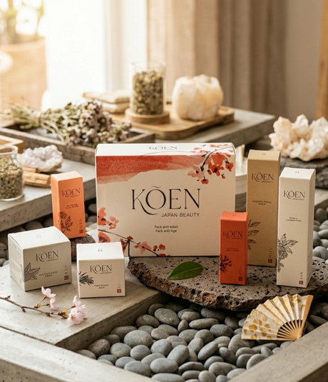 Bodegón de productos KÕEN Japan Beauty en Biovardi, mostrando el diseño minimalista inspirado en la naturaleza japonesa.