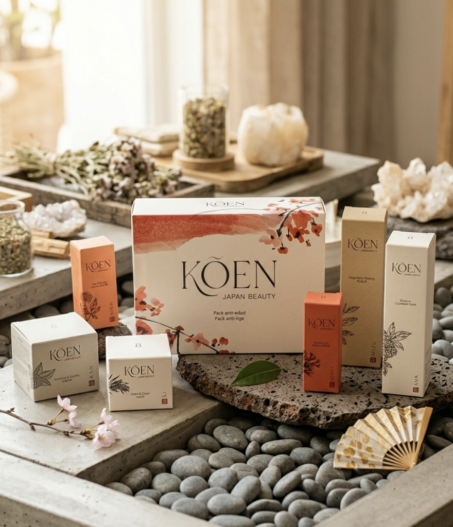 Bodegón de productos KÕEN Japan Beauty en Biovardi, mostrando el diseño minimalista inspirado en la naturaleza japonesa.