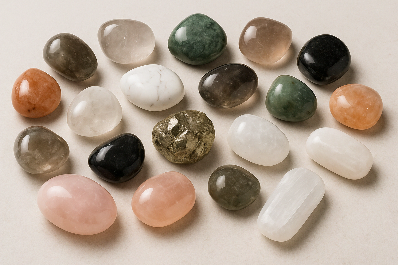 Colección de cantos rodados naturales y minerales pulidos de alta calidad para bienestar, meditación y decoración consciente
