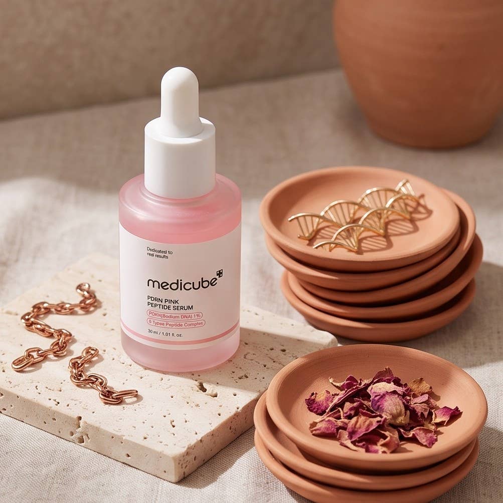 Aplicacion del serum rosa Medicube PDRN sobre la piel
