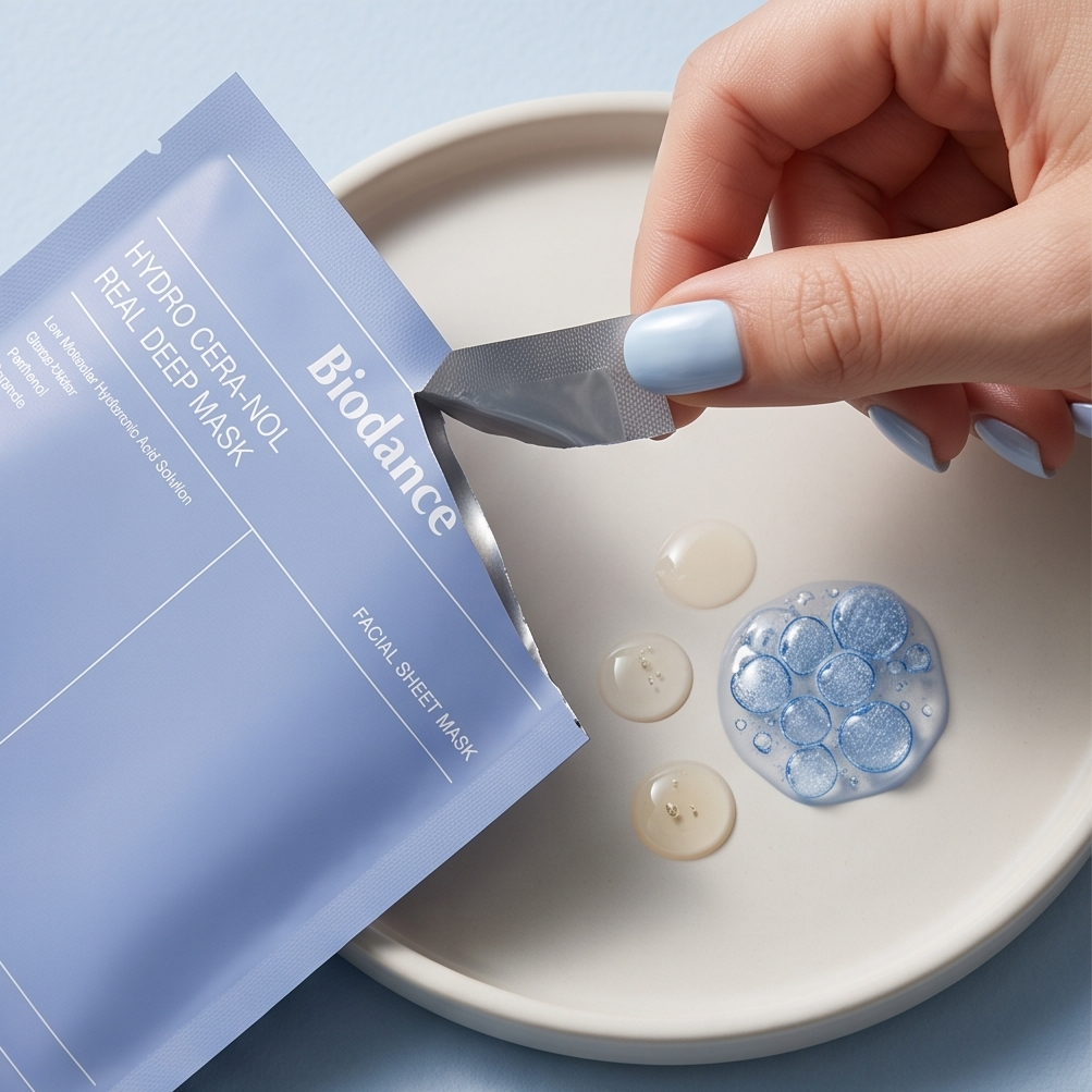 Textura de hidrogel azul con ceramidas de la mascarilla Biodance