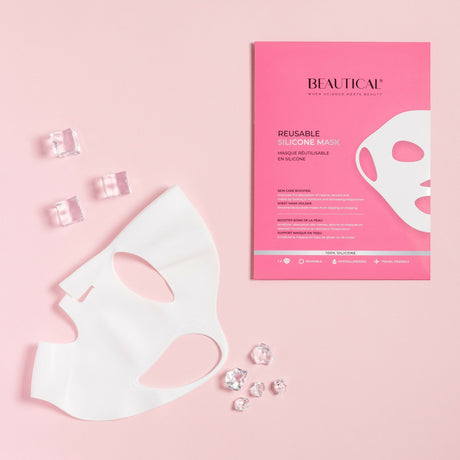 Mascarilla de silicona Beautical desplegada con aberturas para ojos y sujeción en las orejas