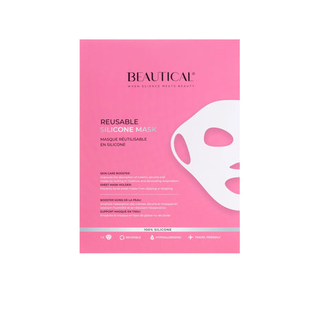 Mascarilla facial reutilizable de silicona Beautical y su envase