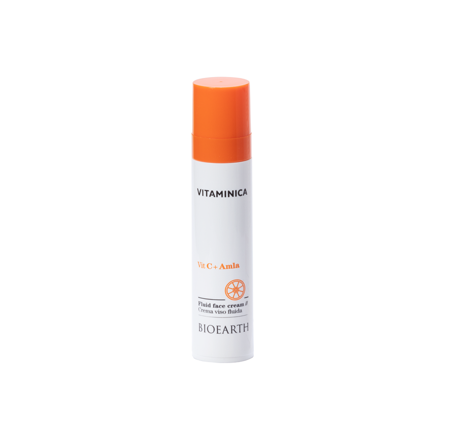 Envase blanco con tapón naranja del fluido Bioearth Vitaminica de vitamina C y amla de 50 ml