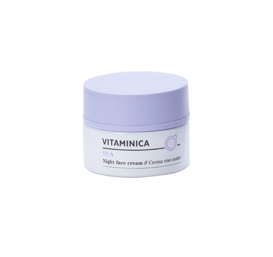 Tarro con tapa lila de la crema de noche Bioearth Vitaminica con vitamina A de 50 ml